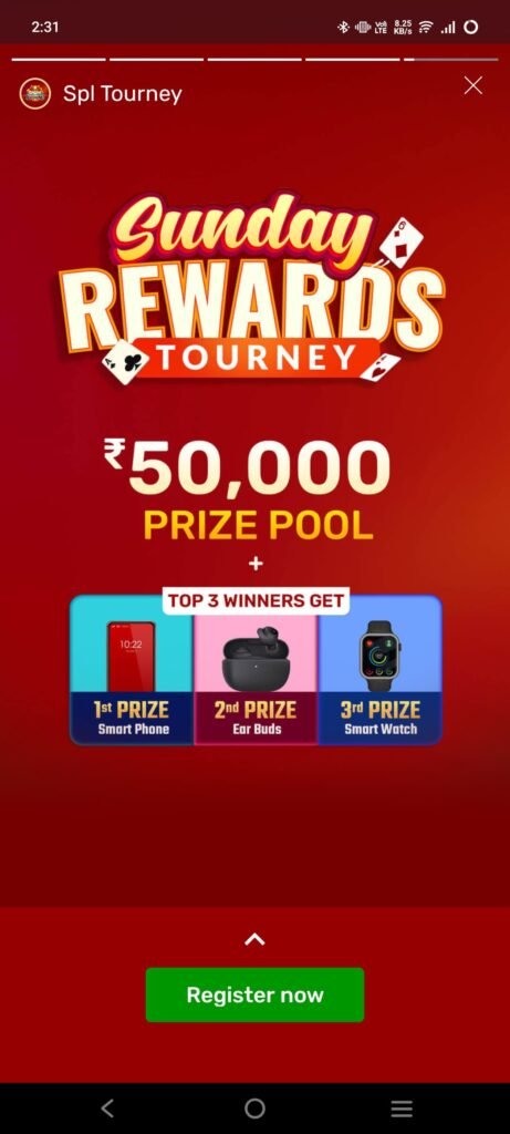 Taj Rummy Game Sunday Rewards Tourney(Smart Phone जितने का मौका)